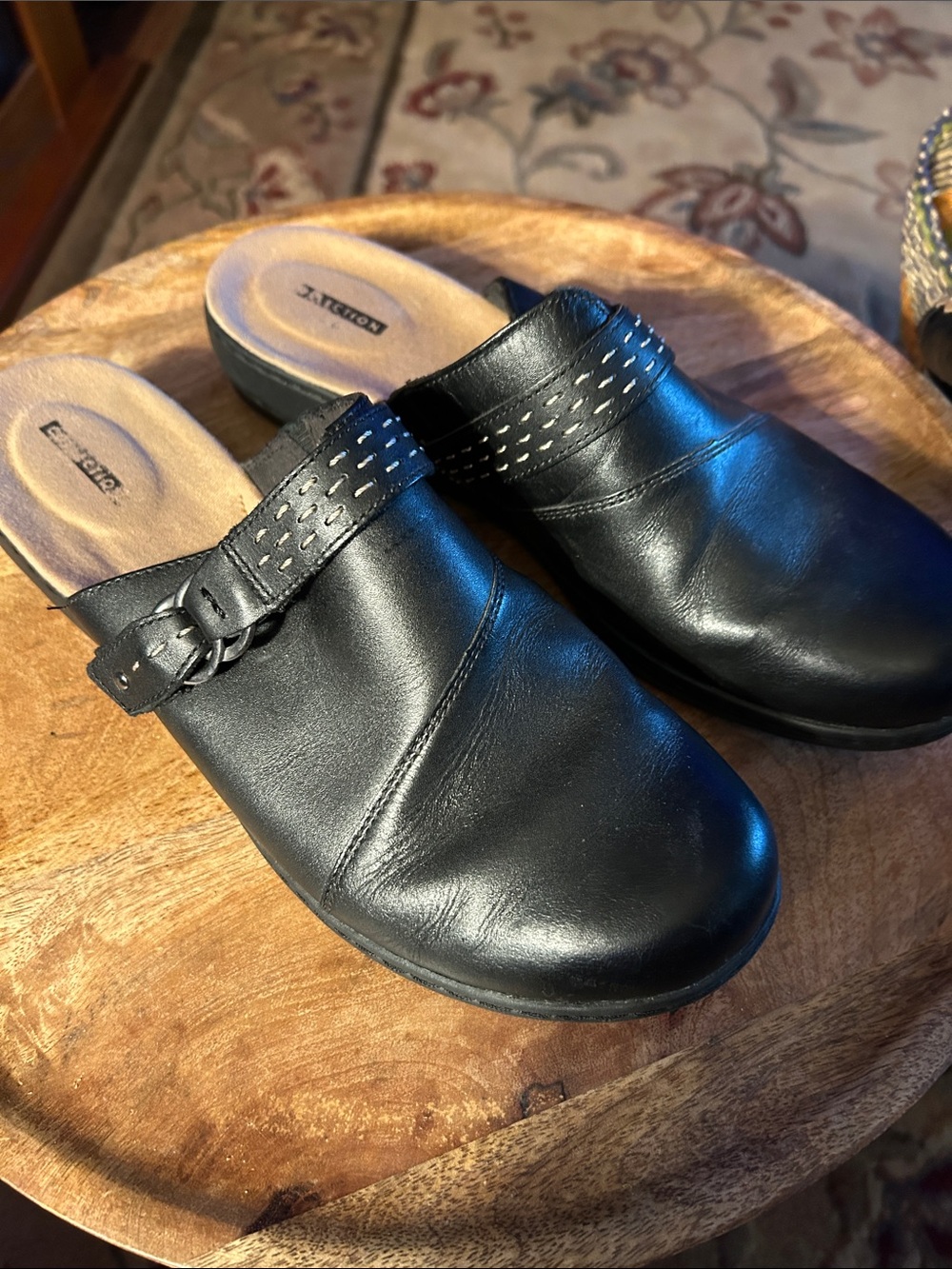 Clarks Black Leather Slip-On Mules with Stitched Strap